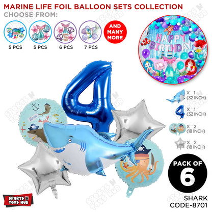 Shark Foil Balloon Pack Of 6 Set With 32 Inch Foil Number Balloons
