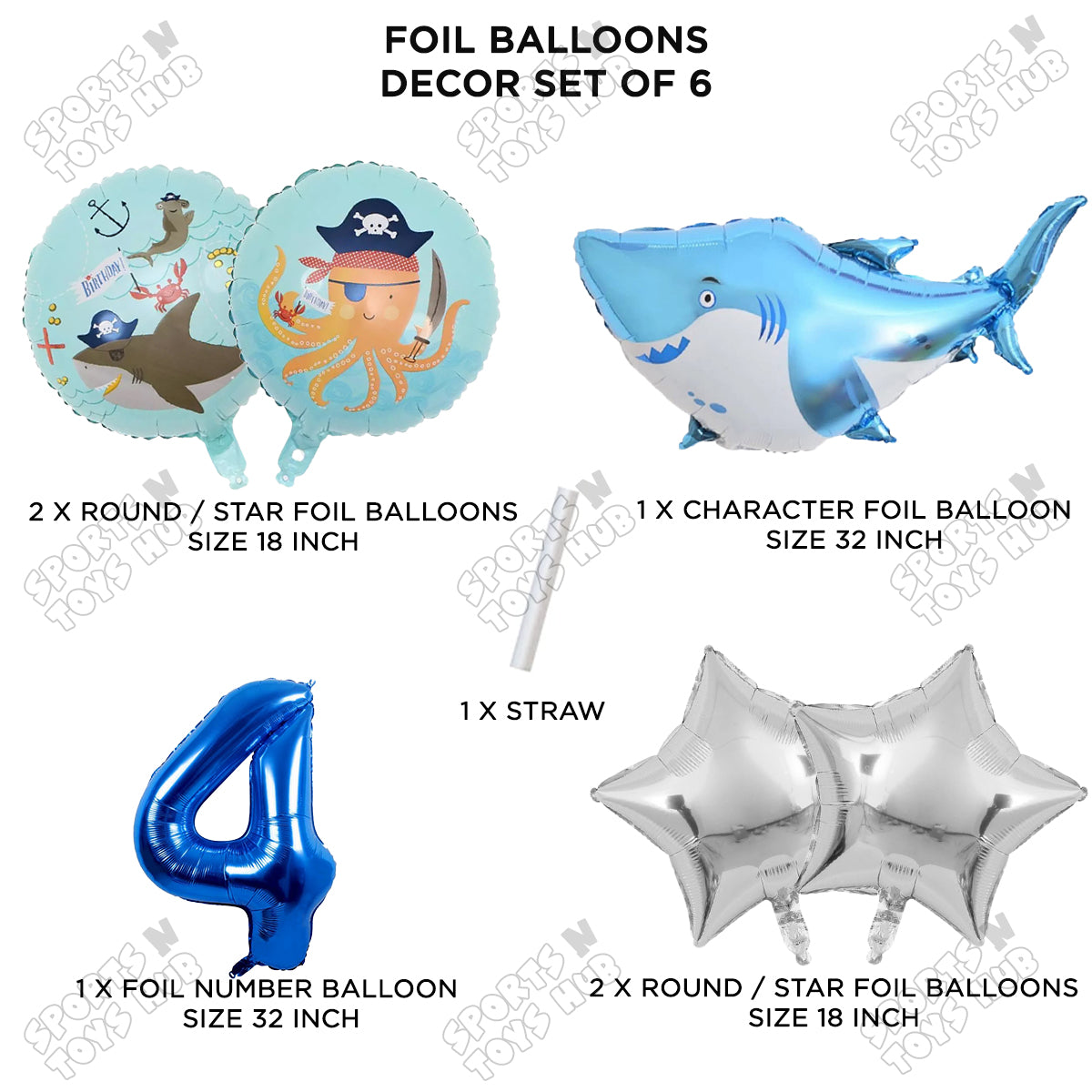 Shark Foil Balloon Pack Of 6 Set With 32 Inch Foil Number Balloons