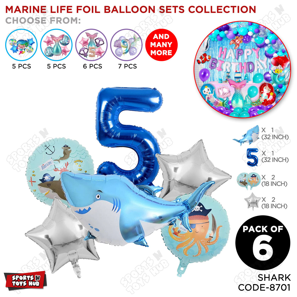 Shark Foil Balloon Pack Of 6 Set With 32 Inch Foil Number Balloons