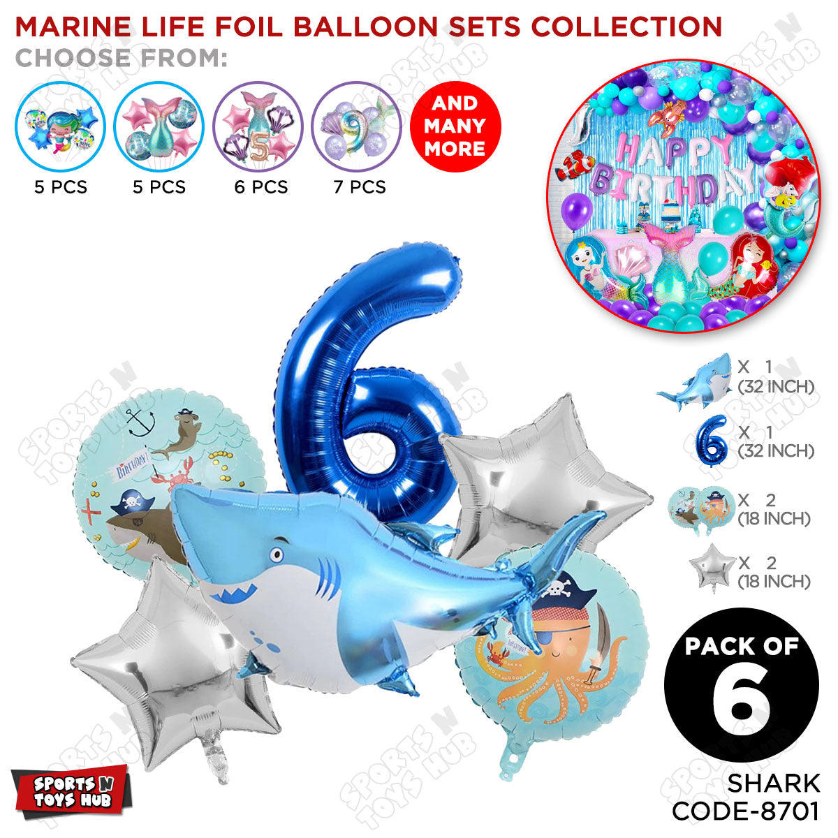 Shark Foil Balloon Pack Of 6 Set With 32 Inch Foil Number Balloons