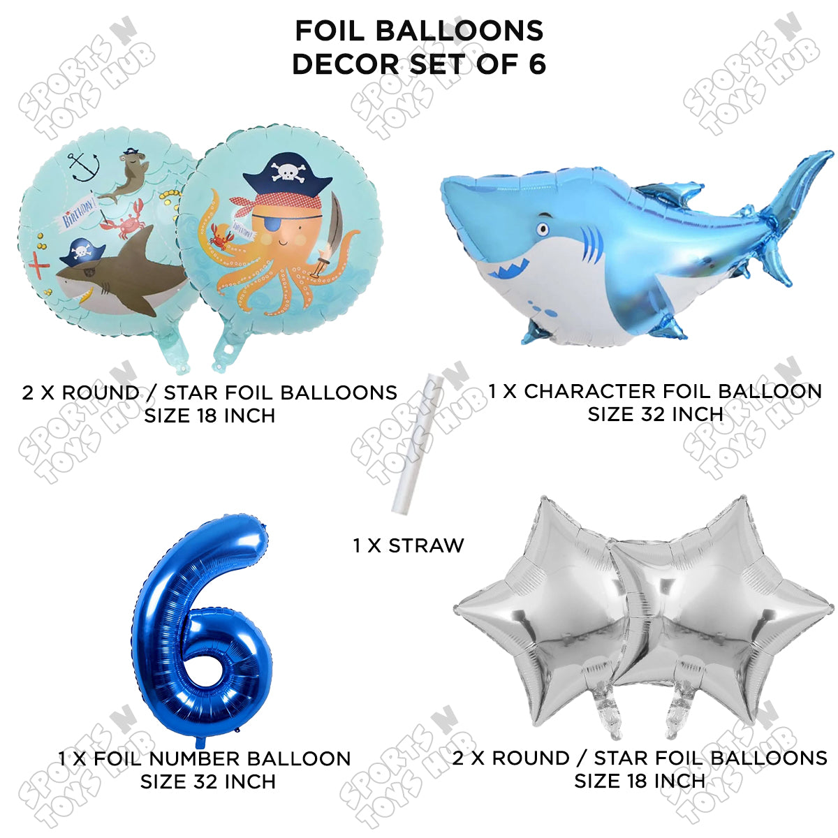 Shark Foil Balloon Pack Of 6 Set With 32 Inch Foil Number Balloons