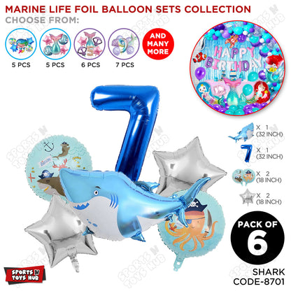 Shark Foil Balloon Pack Of 6 Set With 32 Inch Foil Number Balloons