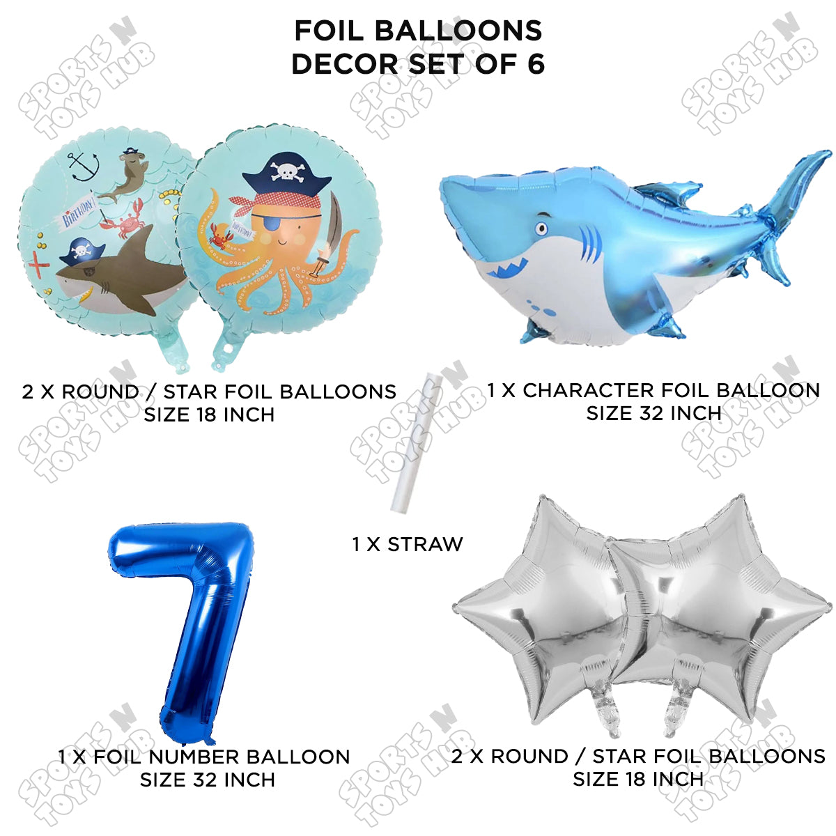 Shark Foil Balloon Pack Of 6 Set With 32 Inch Foil Number Balloons