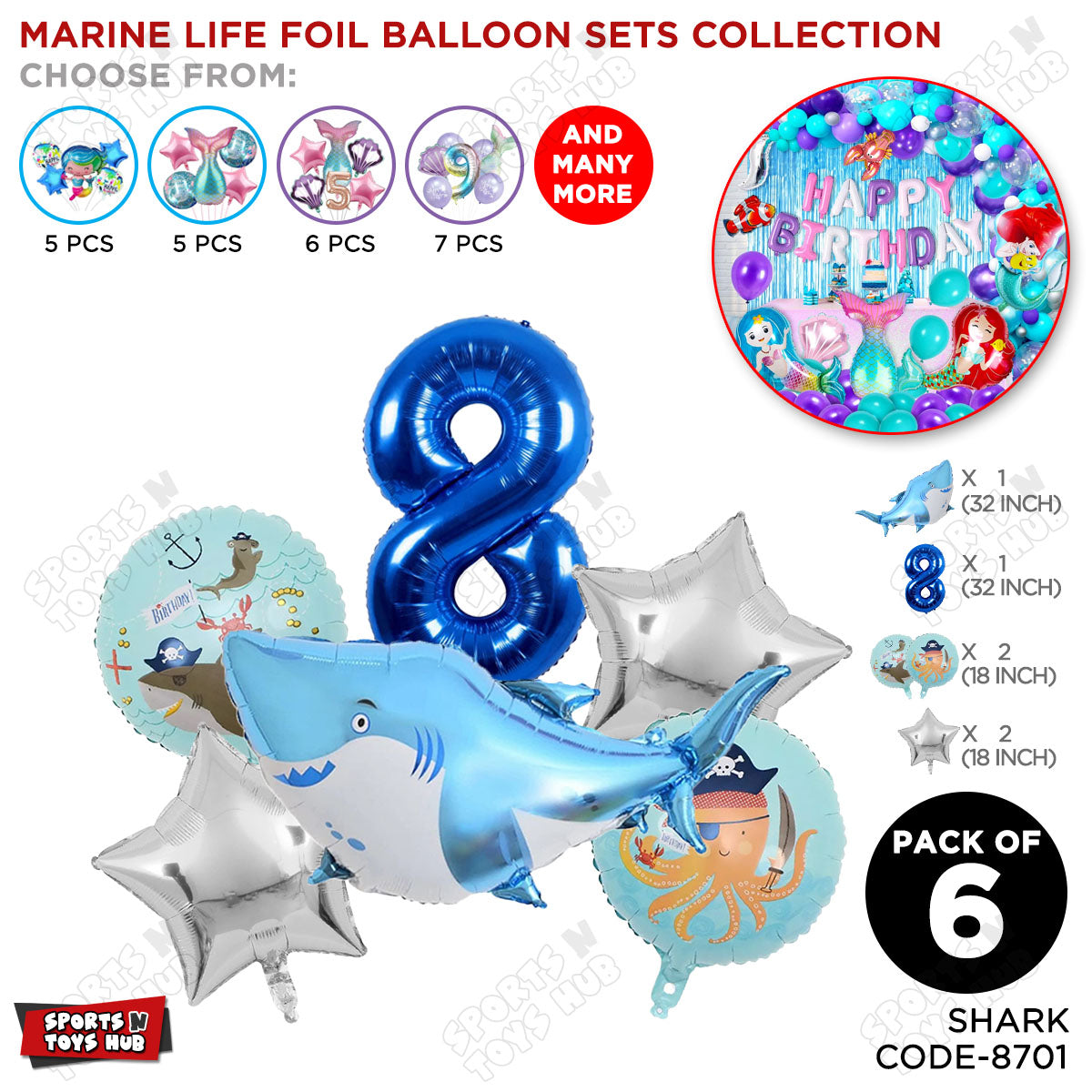 Shark Foil Balloon Pack Of 6 Set With 32 Inch Foil Number Balloons