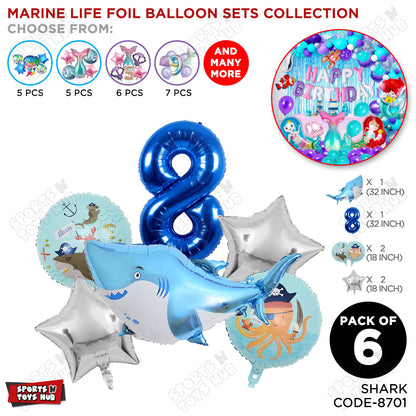Shark Foil Balloon Pack Of 6 Set With 32 Inch Foil Number Balloons