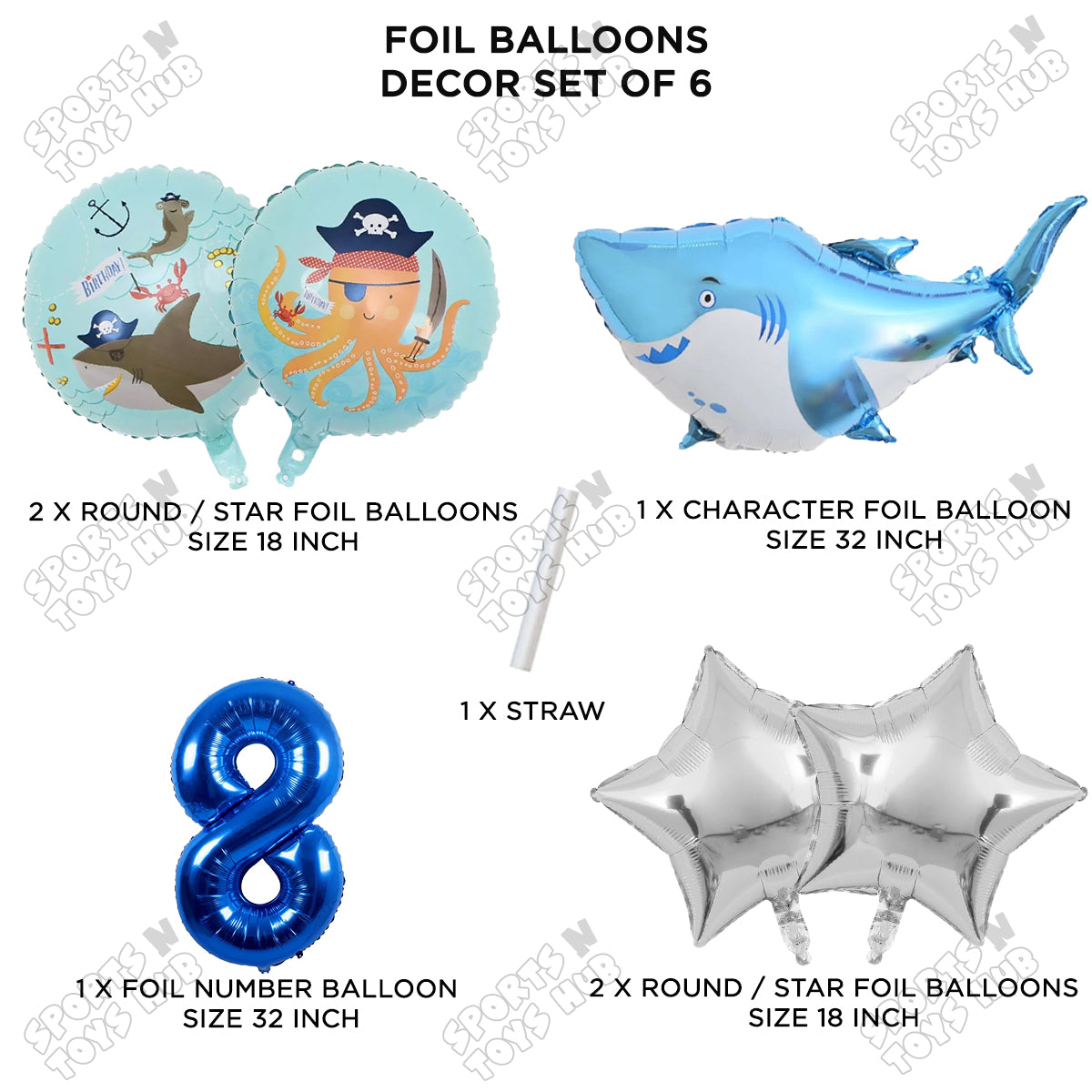 Shark Foil Balloon Pack Of 6 Set With 32 Inch Foil Number Balloons