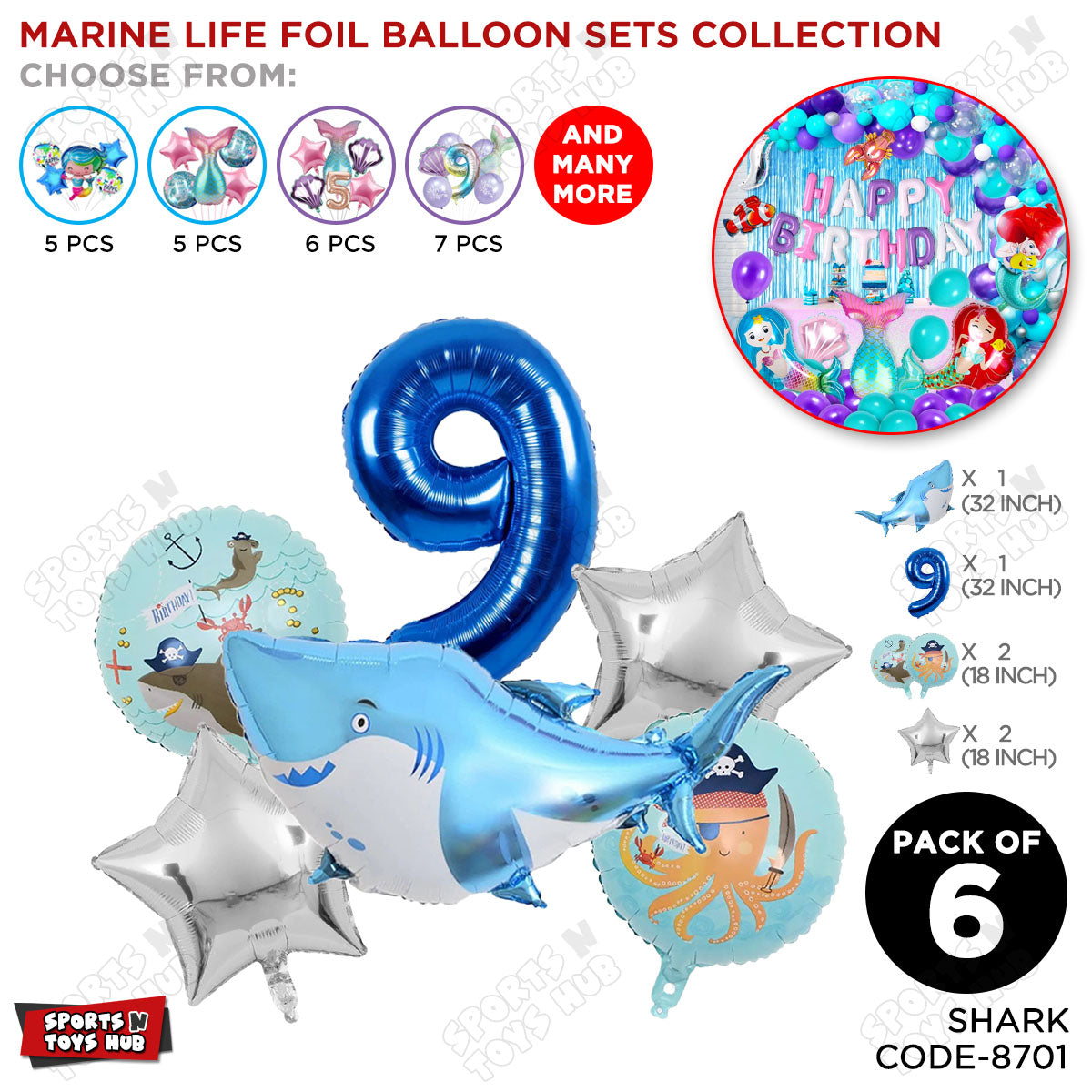 Shark Foil Balloon Pack Of 6 Set With 32 Inch Foil Number Balloons