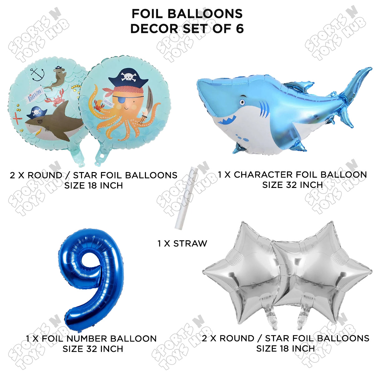 Shark Foil Balloon Pack Of 6 Set With 32 Inch Foil Number Balloons