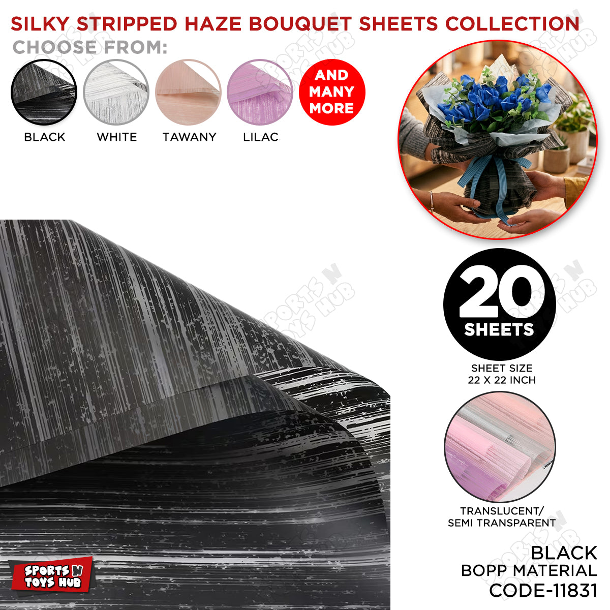 Silky Stripped Haze Flower Wrapping Sheet Pack – Luxury Bouquet Wrapping Paper for Floral Decoration, Gift Packaging, Wedding, Birthday