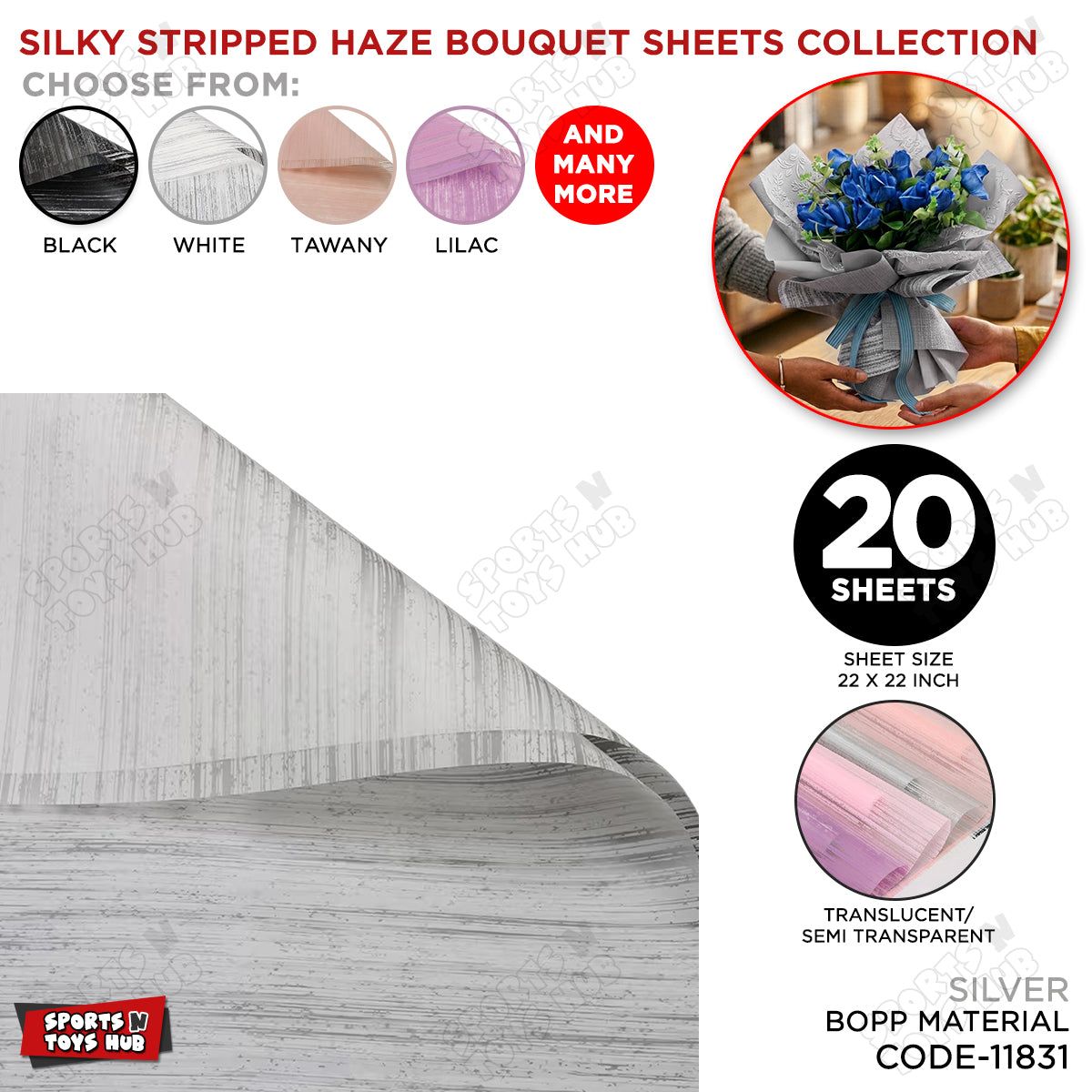 Silky Stripped Haze Flower Wrapping Sheet Pack – Luxury Bouquet Wrapping Paper for Floral Decoration, Gift Packaging, Wedding, Birthday