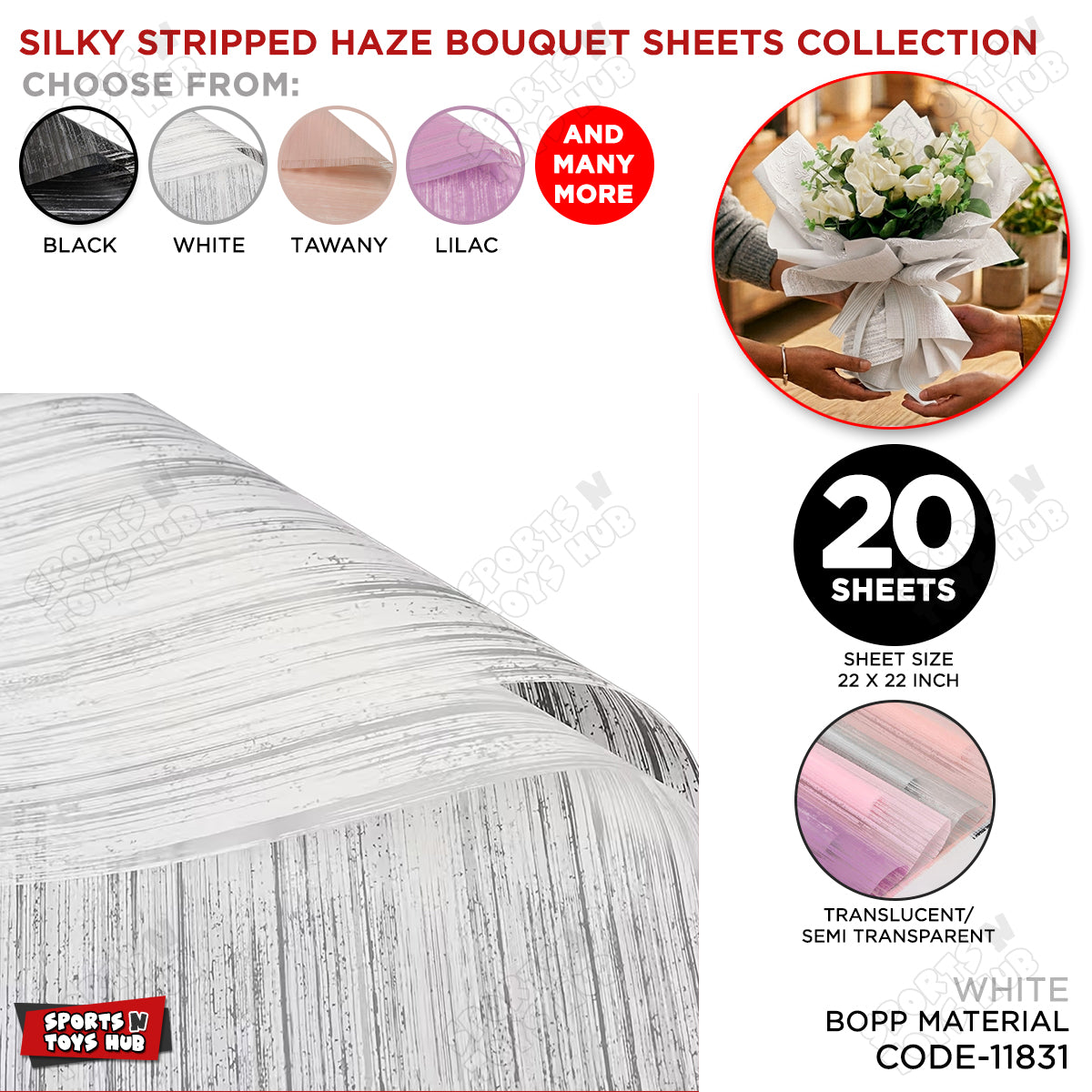 Silky Stripped Haze Flower Wrapping Sheet Pack – Luxury Bouquet Wrapping Paper for Floral Decoration, Gift Packaging, Wedding, Birthday