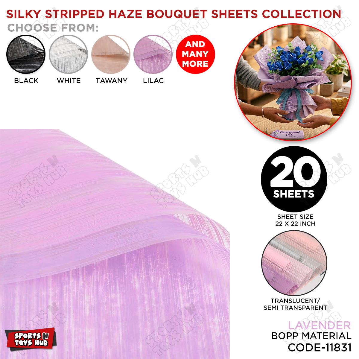 Silky Stripped Haze Flower Wrapping Sheet Pack – Luxury Bouquet Wrapping Paper for Floral Decoration, Gift Packaging, Wedding, Birthday