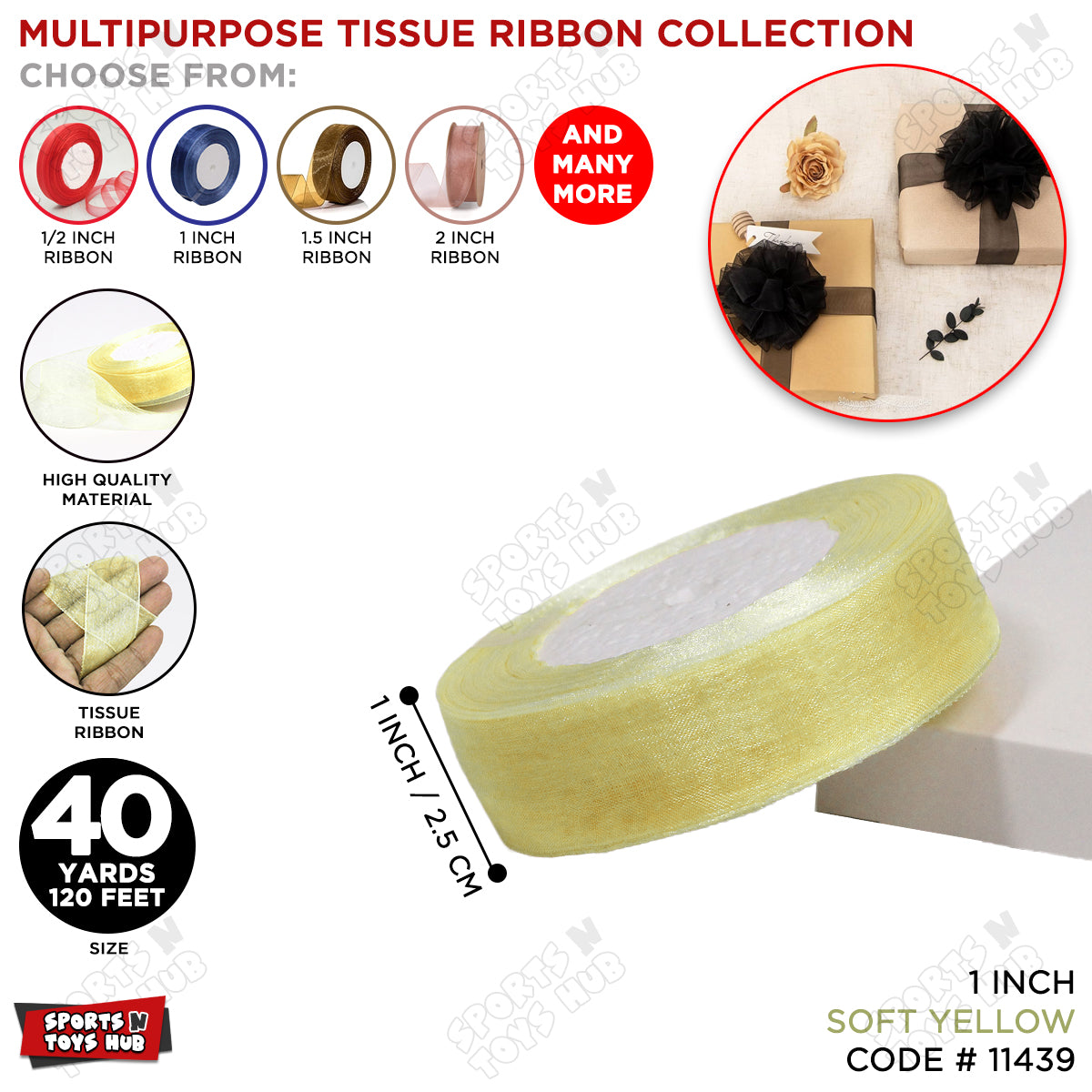 1 Inch x 40 Yards – Multipurpose Tissue Ribbon Roll for Gift Wrapping, Crafts & Decorations