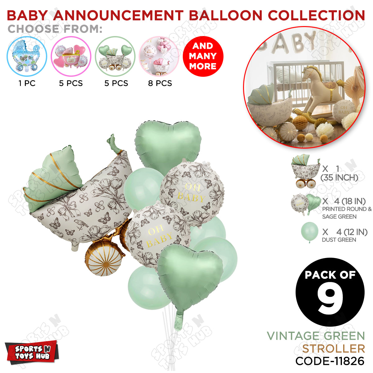 Stroller Vintage Green Pack Of 9 Foil Balloon Set