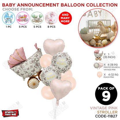 Stroller Vintage Pink Pack Of 9 Foil Balloon Set