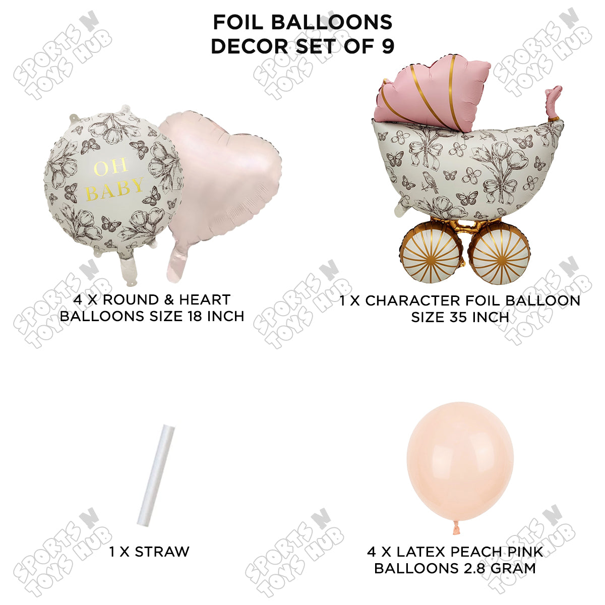 Stroller Vintage Pink Pack Of 9 Foil Balloon Set