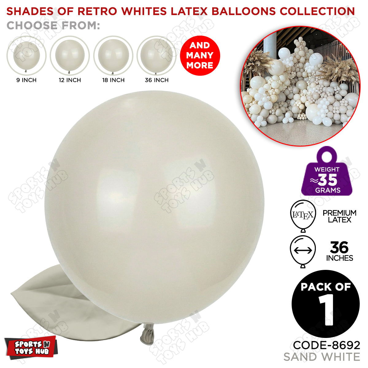 Sand White Latex Balloons Available In 9, 12, 18 & 36 Inch Sizes