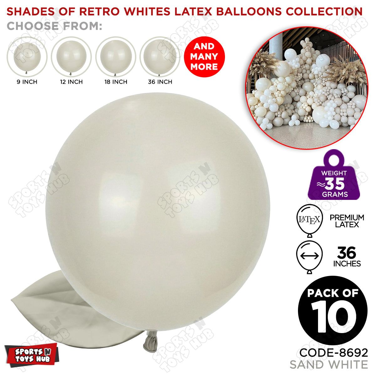 Sand White Latex Balloons Available In 9, 12, 18 & 36 Inch Sizes