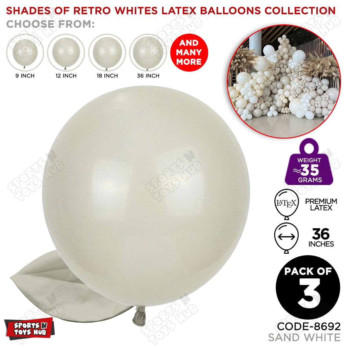 Sand White Latex Balloons Available In 9, 12, 18 & 36 Inch Sizes