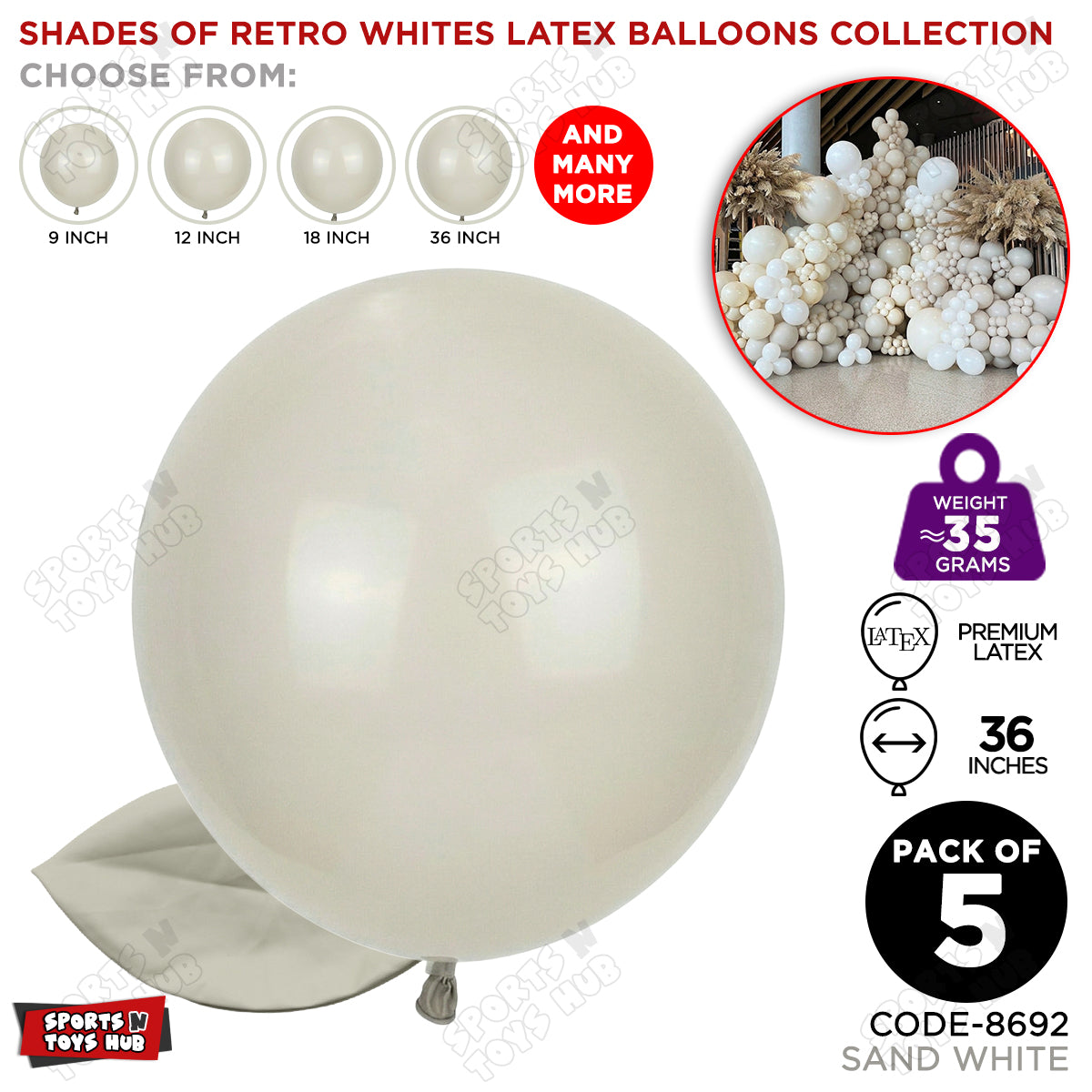 Sand White Latex Balloons Available In 9, 12, 18 & 36 Inch Sizes