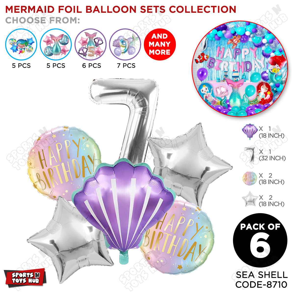 Sea Shell Foil Balloon Pack Of 6 Set With 32 Inch Foil Number Balloons