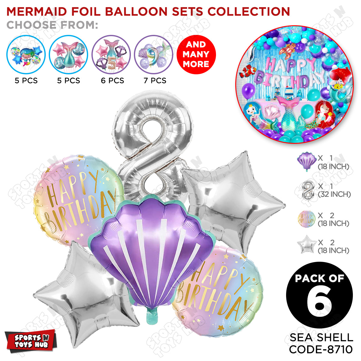 Sea Shell Foil Balloon Pack Of 6 Set With 32 Inch Foil Number Balloons