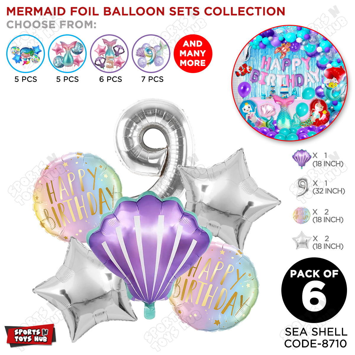 Sea Shell Foil Balloon Pack Of 6 Set With 32 Inch Foil Number Balloons