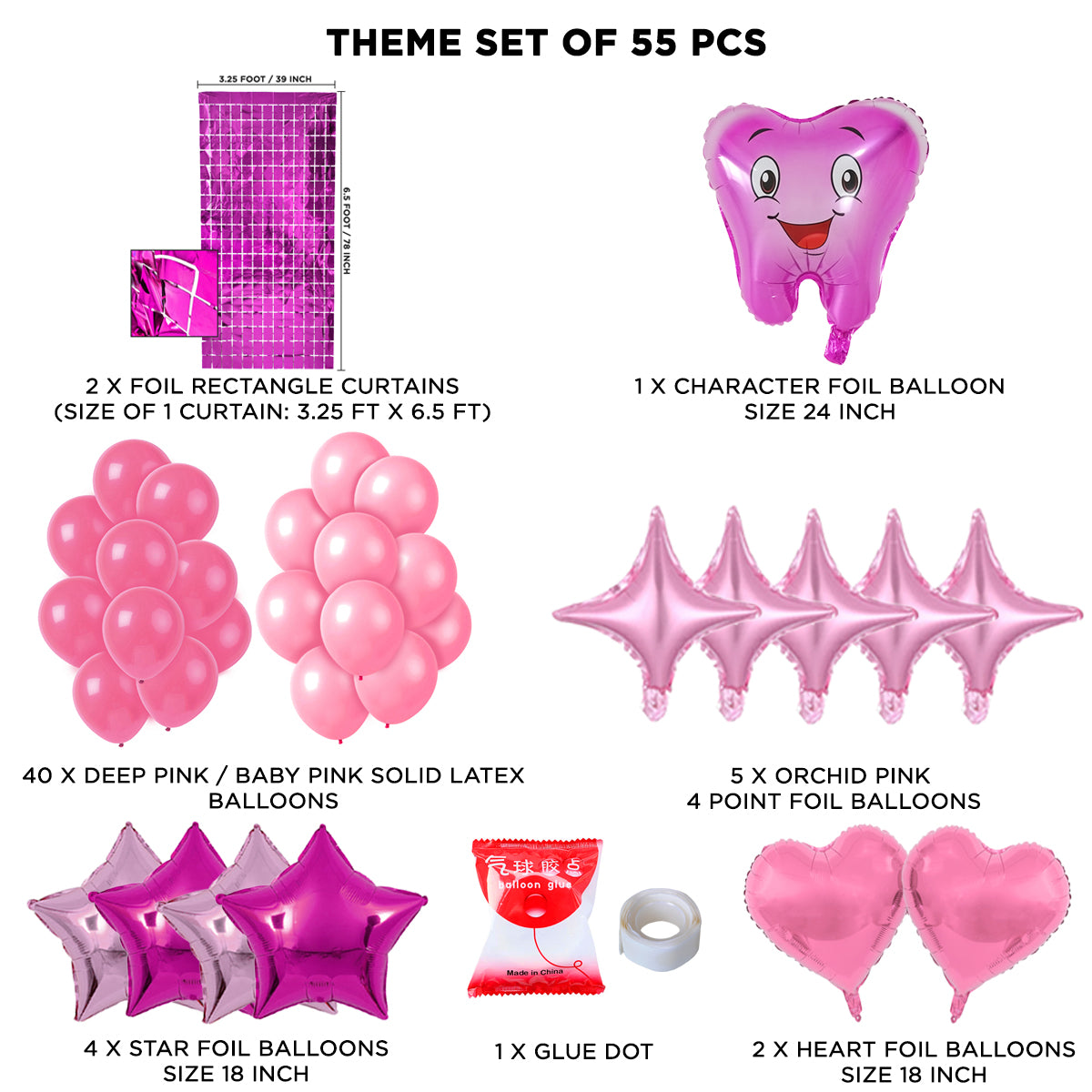 First Tooth Foil Balloon Theme With Rectangle Curtain - Pink