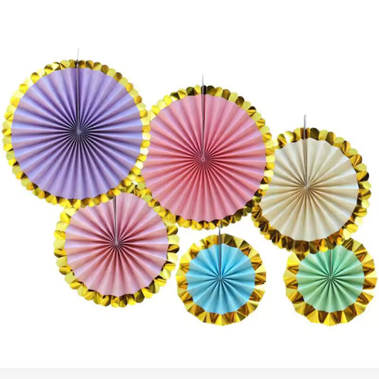 Mutl Color Gold Edge Paper Fan Decoration - Pack Of 6
