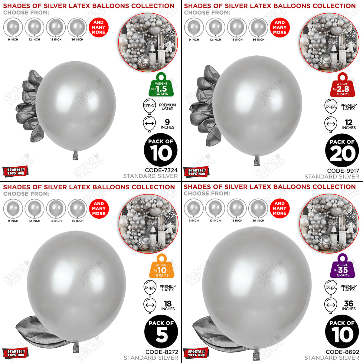 Silver Latex Balloons Available In 9, 12, 18 & 36 Inch Sizes