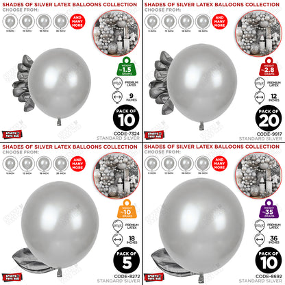 Silver Latex Balloons Available In 9, 12, 18 & 36 Inch Sizes
