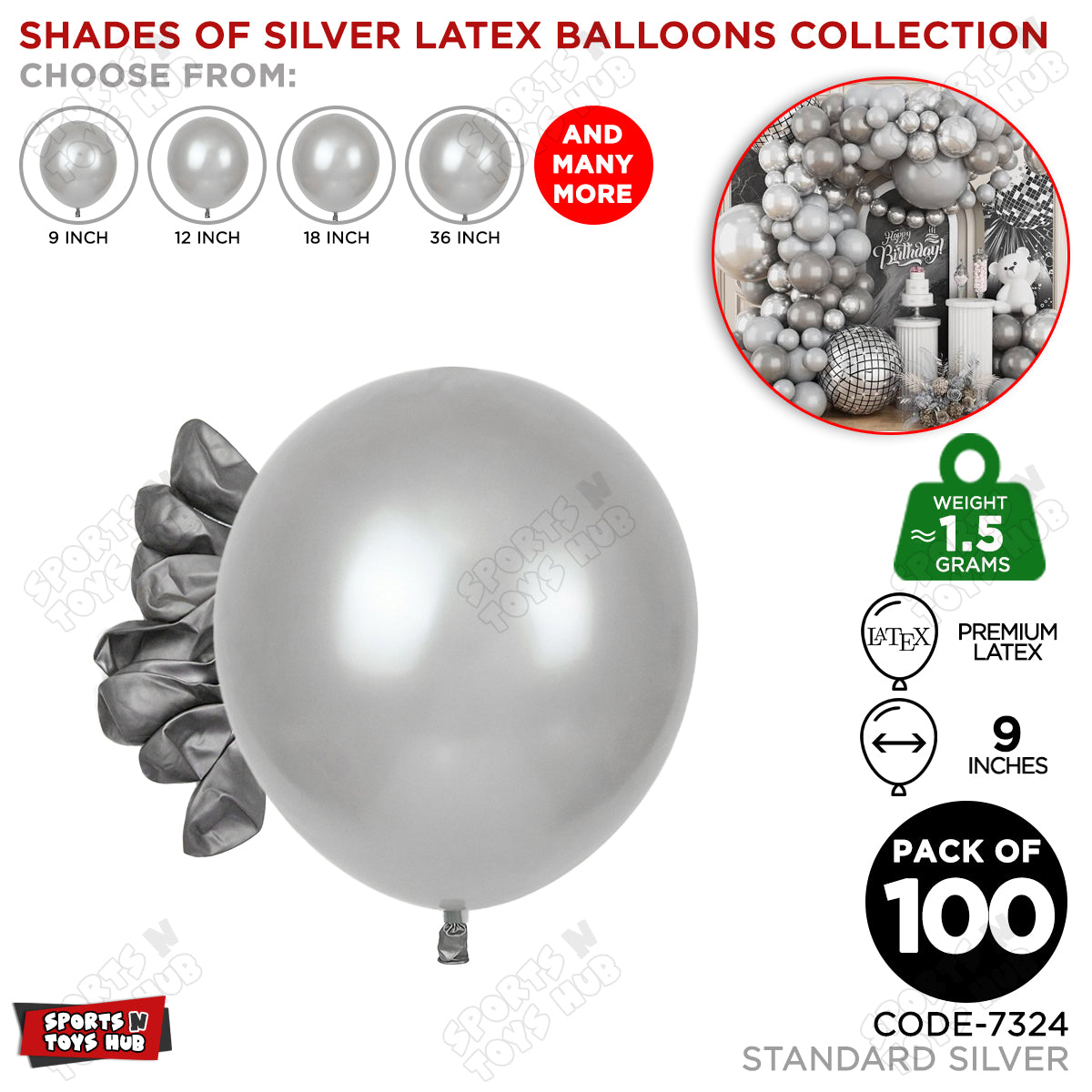 Silver Latex Balloons Available In 9, 12, 18 & 36 Inch Sizes