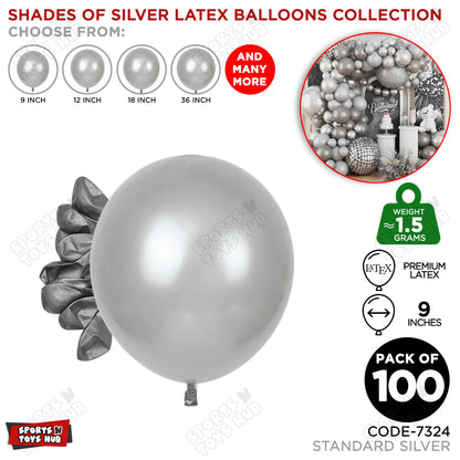 Silver Latex Balloons Available In 9, 12, 18 & 36 Inch Sizes