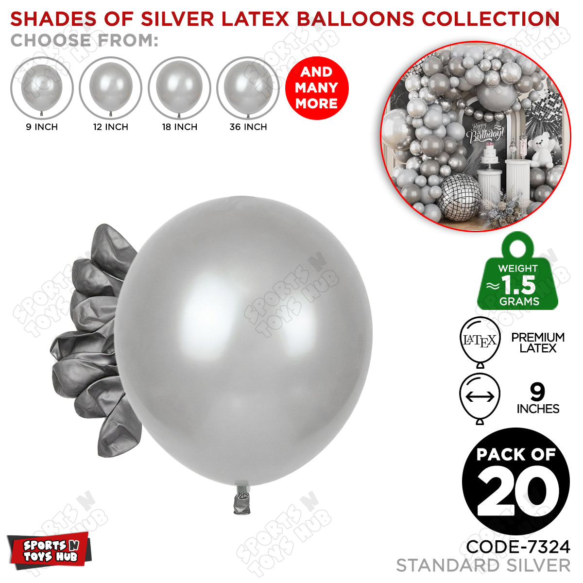 Silver Latex Balloons Available In 9, 12, 18 & 36 Inch Sizes