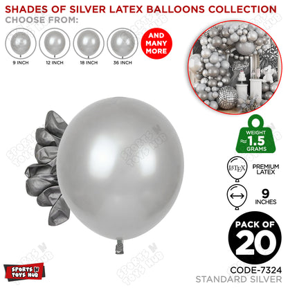 Silver Latex Balloons Available In 9, 12, 18 & 36 Inch Sizes