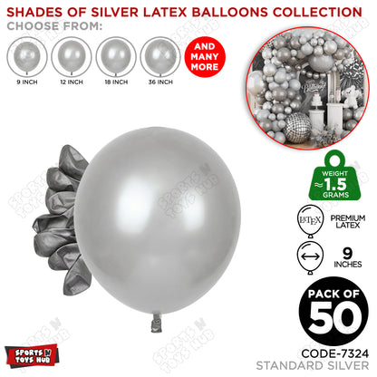 Silver Latex Balloons Available In 9, 12, 18 & 36 Inch Sizes
