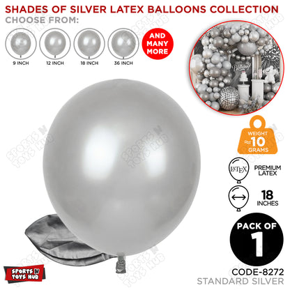 Silver Latex Balloons Available In 9, 12, 18 & 36 Inch Sizes