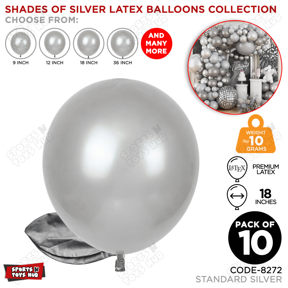 Silver Latex Balloons Available In 9, 12, 18 & 36 Inch Sizes