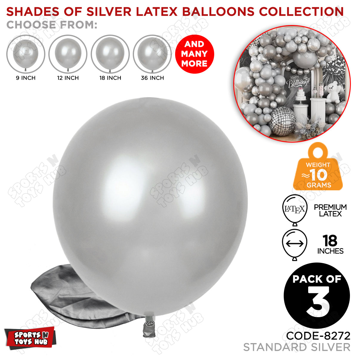 Silver Latex Balloons Available In 9, 12, 18 & 36 Inch Sizes