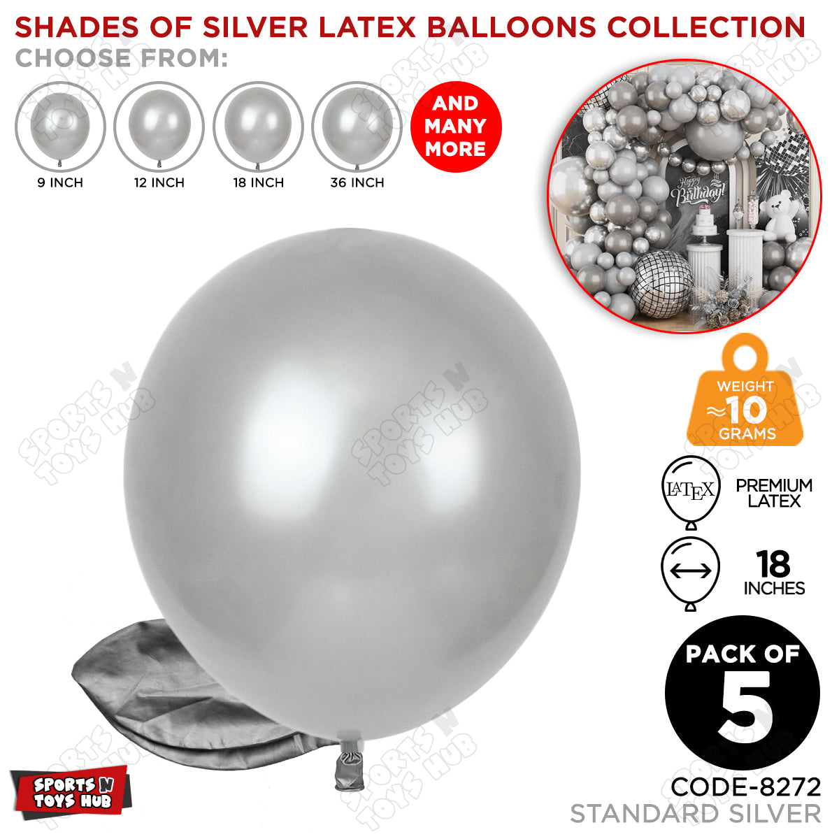 Silver Latex Balloons Available In 9, 12, 18 & 36 Inch Sizes