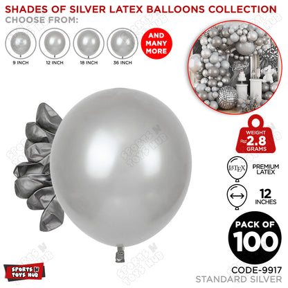 Silver Latex Balloons Available In 9, 12, 18 & 36 Inch Sizes