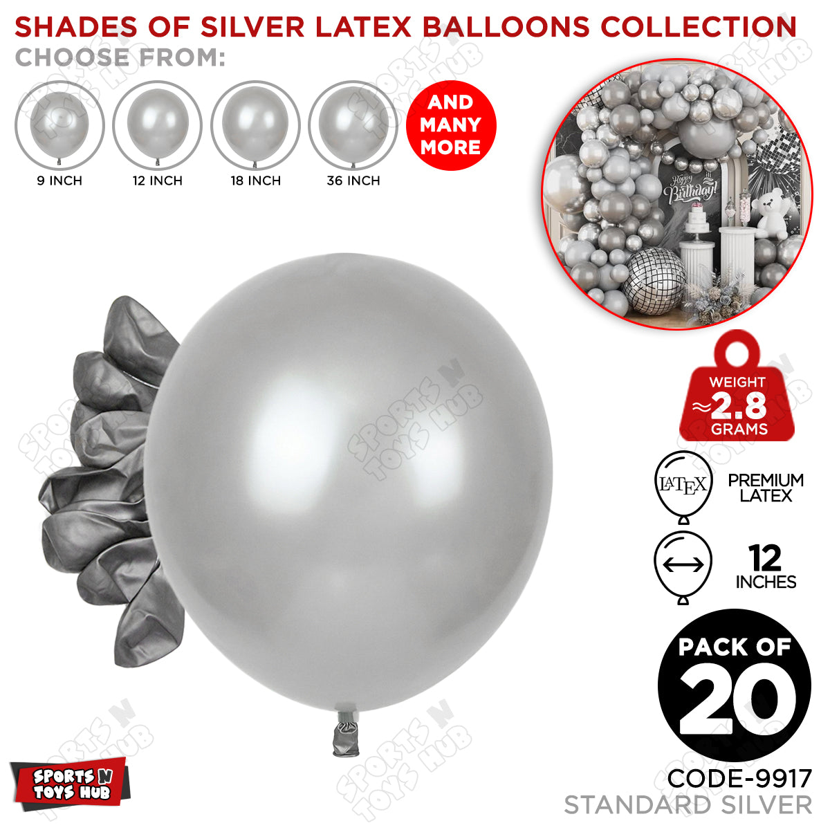 Silver Latex Balloons Available In 9, 12, 18 & 36 Inch Sizes