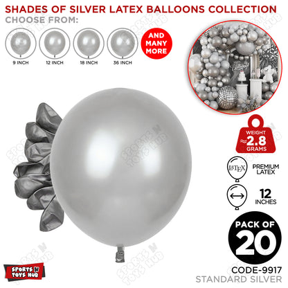 Silver Latex Balloons Available In 9, 12, 18 & 36 Inch Sizes