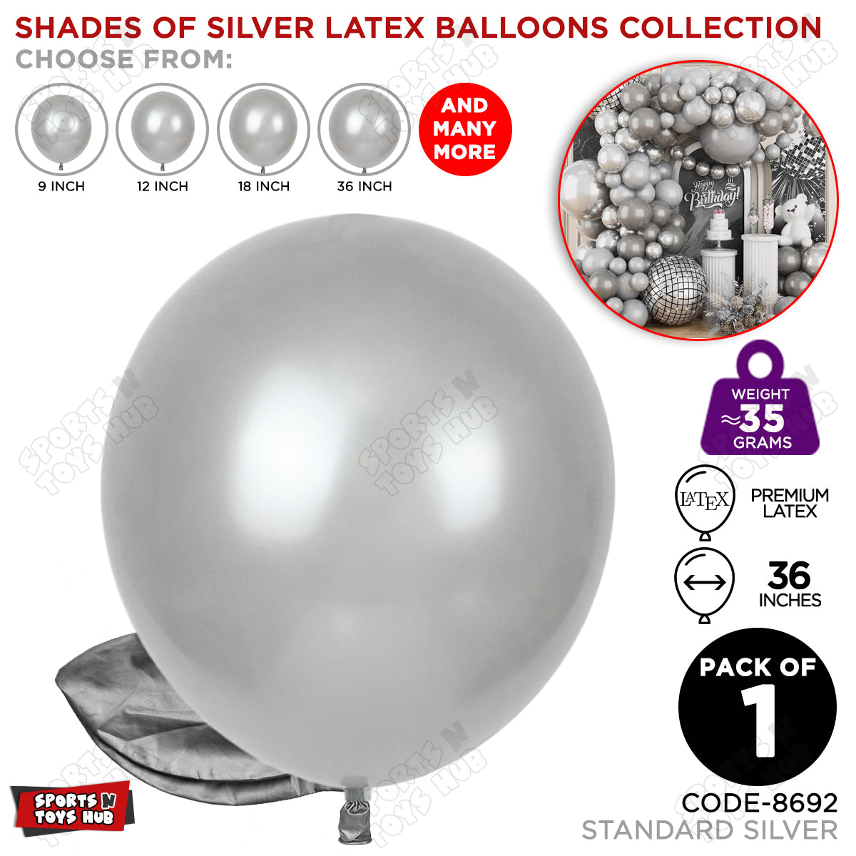 Silver Latex Balloons Available In 9, 12, 18 & 36 Inch Sizes