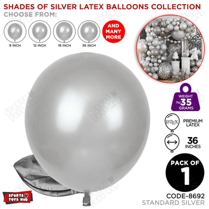 Silver Latex Balloons Available In 9, 12, 18 & 36 Inch Sizes