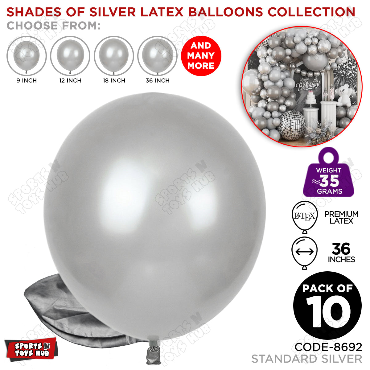 Silver Latex Balloons Available In 9, 12, 18 & 36 Inch Sizes