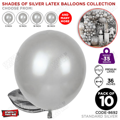 Silver Latex Balloons Available In 9, 12, 18 & 36 Inch Sizes