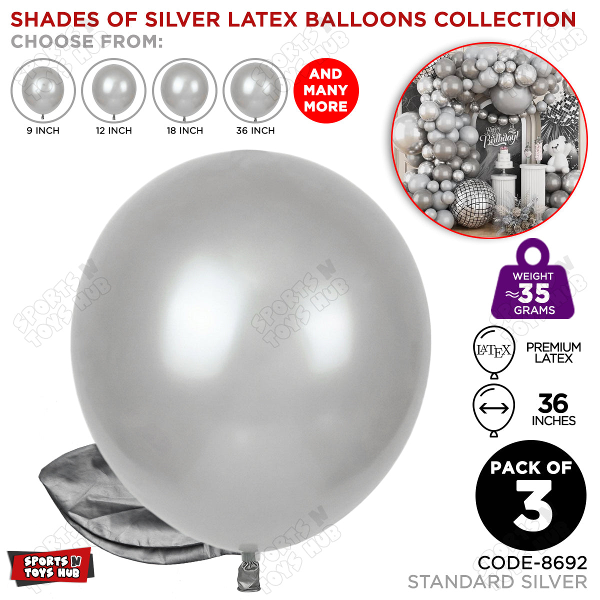 Silver Latex Balloons Available In 9, 12, 18 & 36 Inch Sizes
