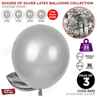 Silver Latex Balloons Available In 9, 12, 18 & 36 Inch Sizes