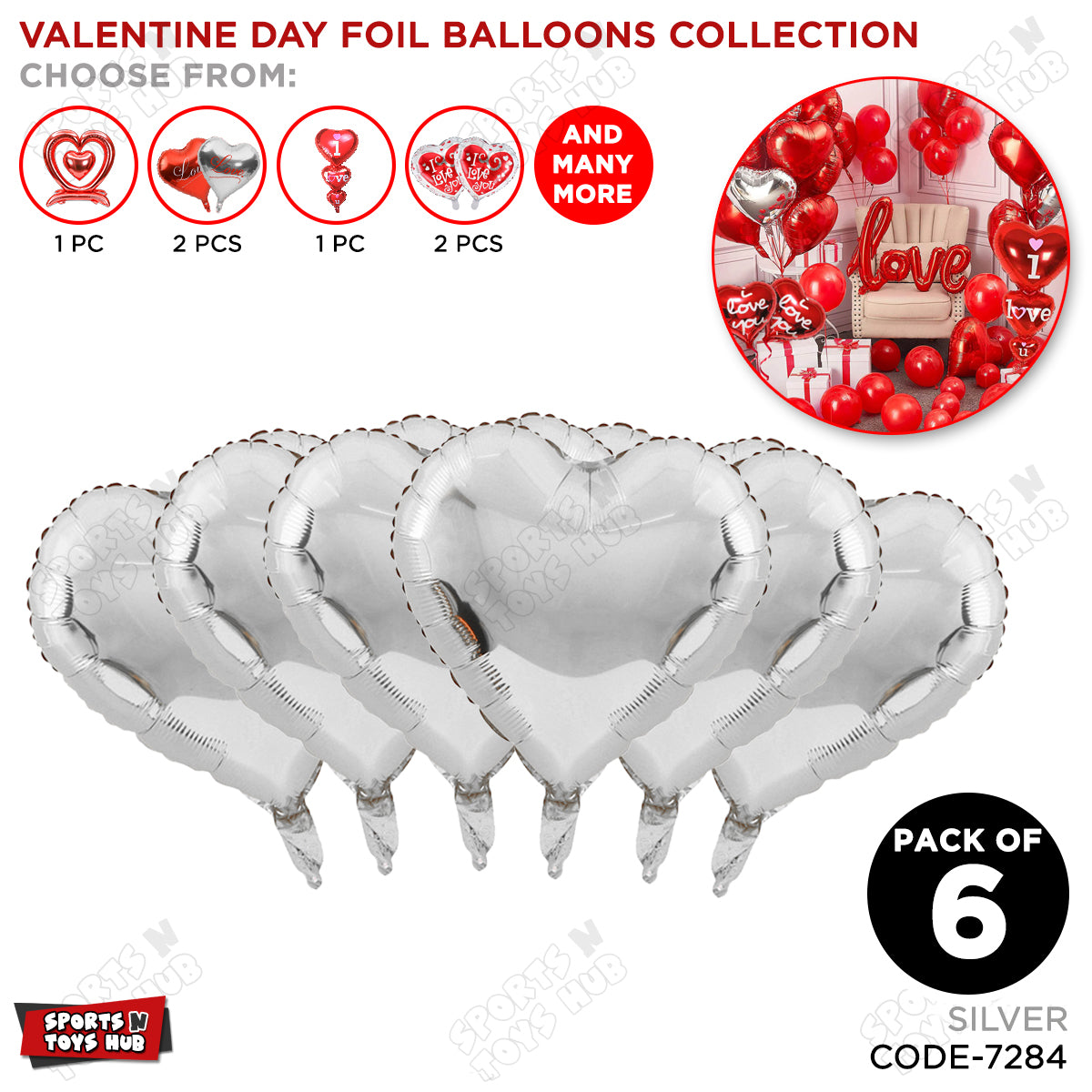 18 Inch Heart Shape Foil Balloon Set Collection - 6 Pcs